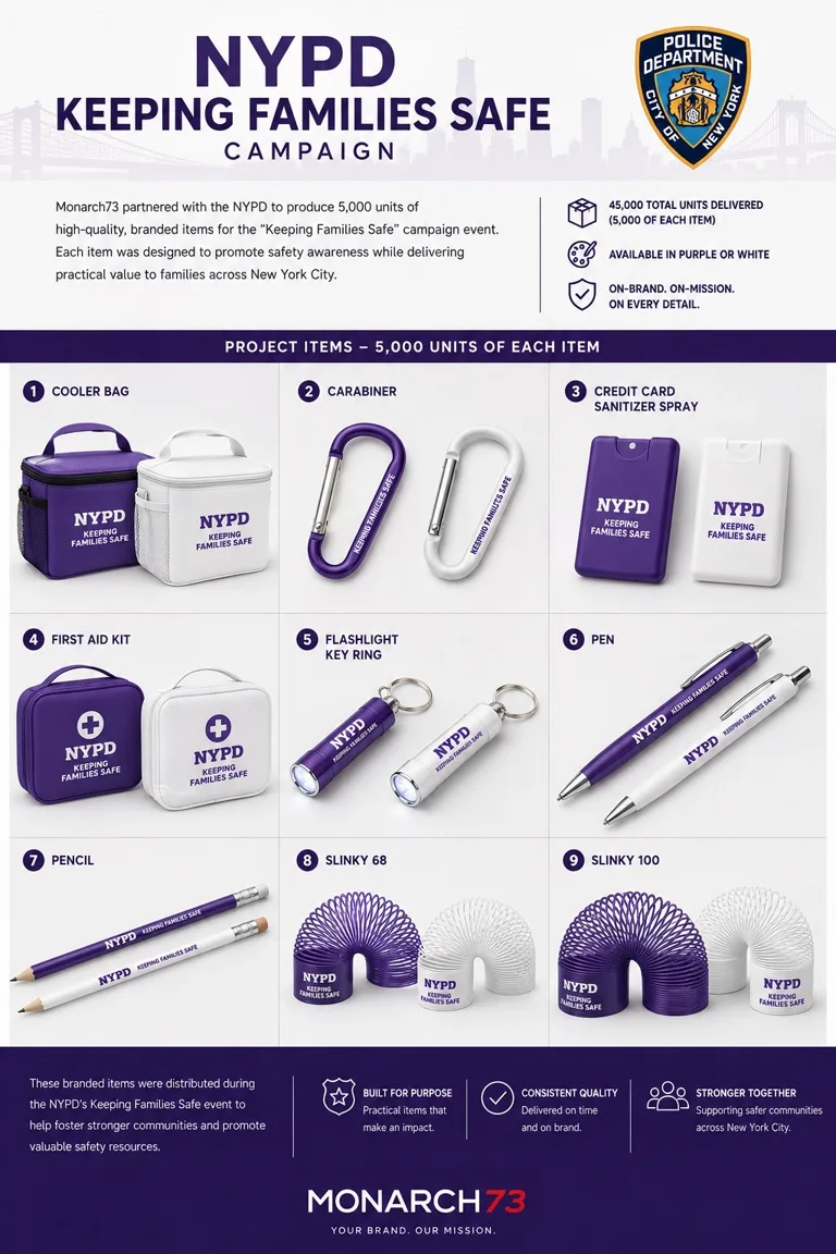 The nine campaign products, each shown in purple and white and branded NYPD Keeping Families Safe: cooler bag, carabiner, credit card sanitizer spray, first aid kit, flashlight key ring, pen, pencil, and Slinky 68 and Slinky 100 coils. 5,000 units of each, 45,000 pieces in total.