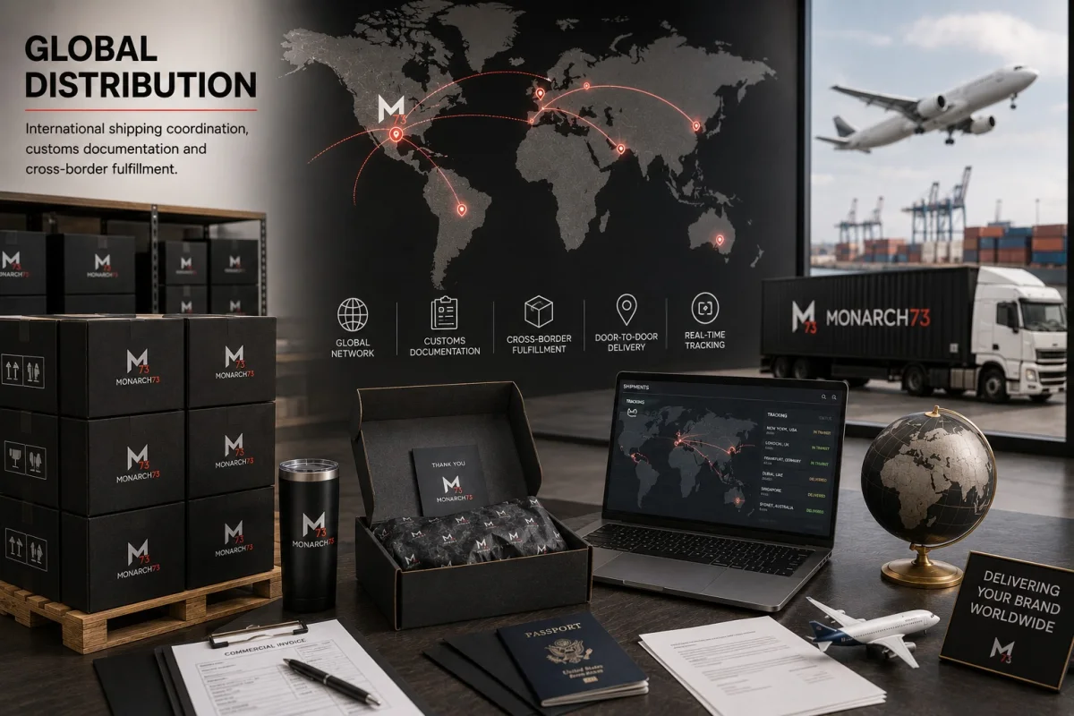 Palletised boxes and customs paperwork against a routing map, with air, sea and road freight