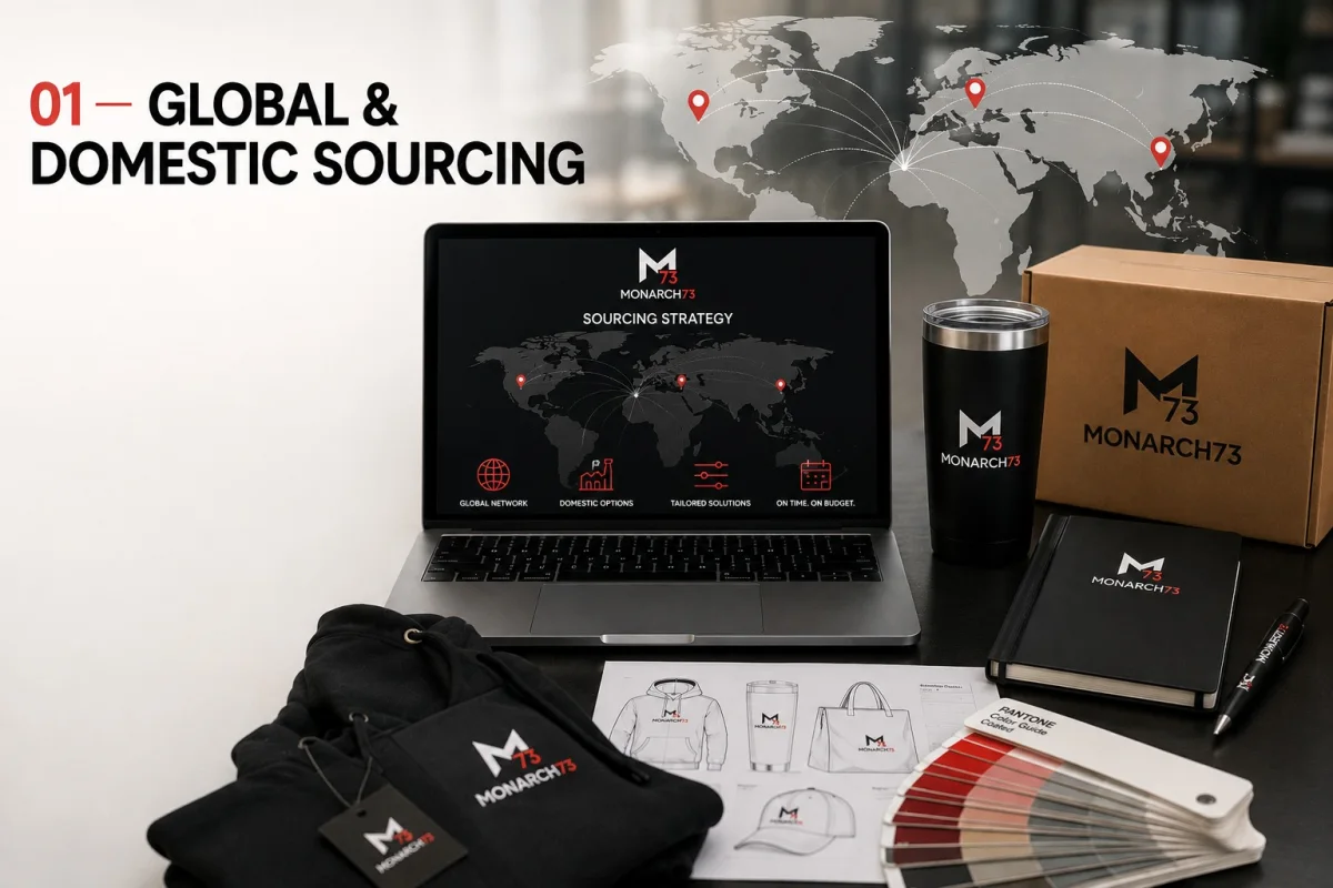 A sourcing plan on a laptop showing production routes across a world map, with product sketches, a Pantone guide and sample apparel