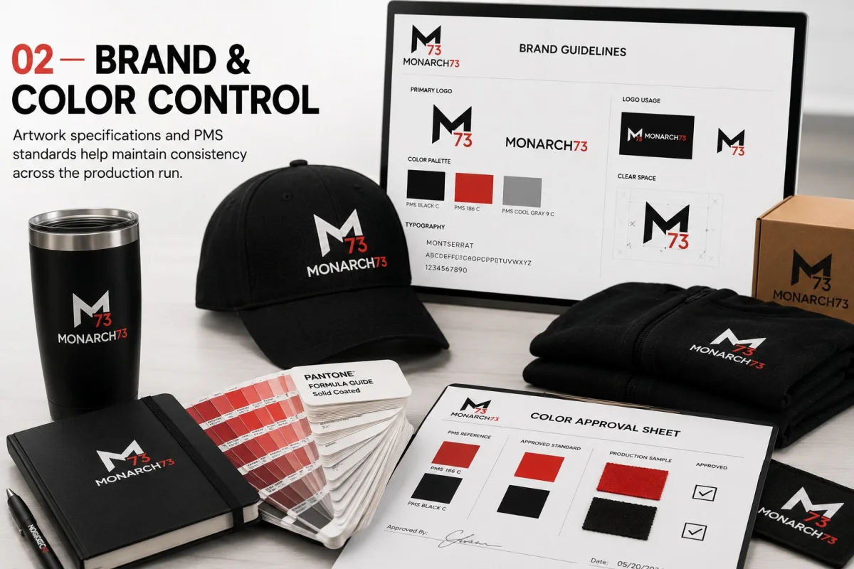 A brand guidelines sheet and a signed color approval sheet beside a Pantone fan and branded samples