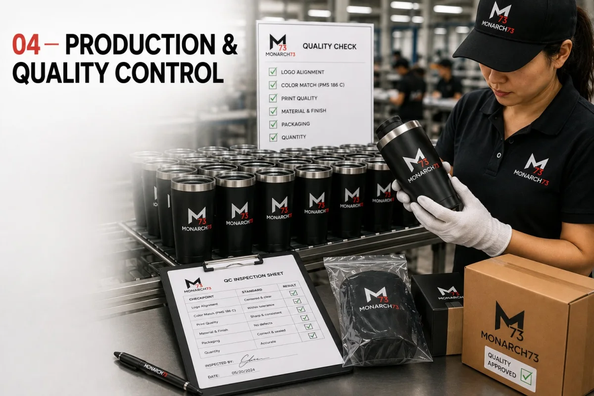 An inspector checking a branded tumbler on a production line against a QC inspection sheet