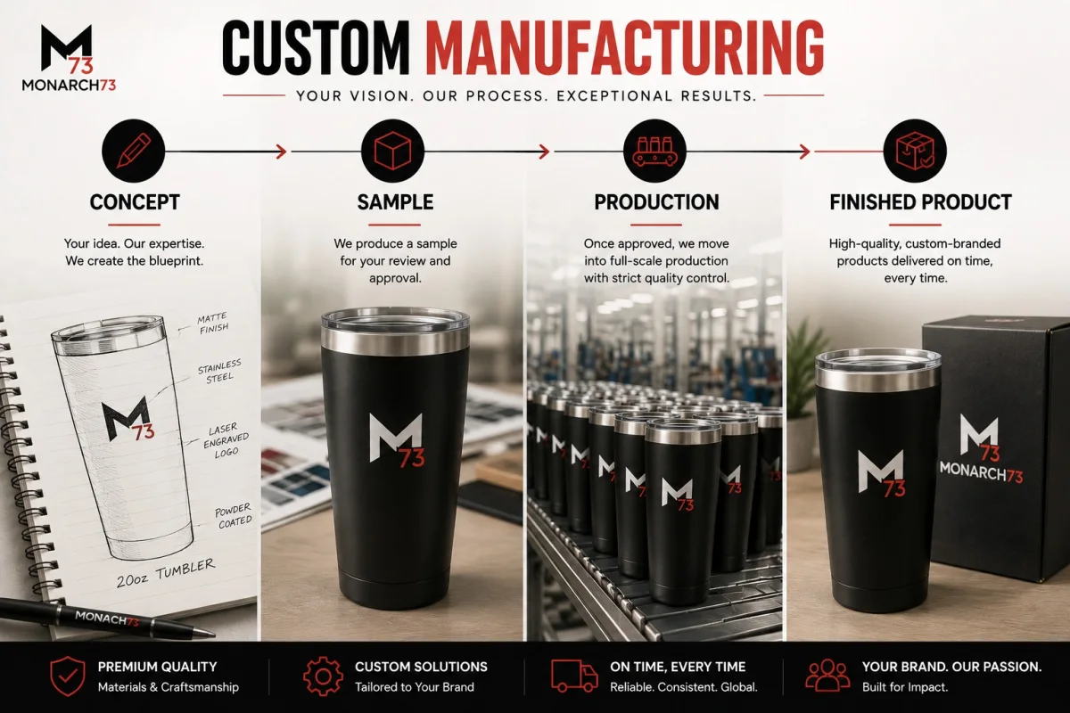 A custom product moving from sketched concept to approved sample to production line to finished, packaged product