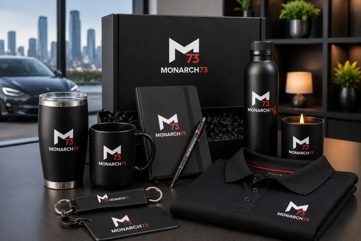 A branded Monarch73 gift set — gift box, tumbler, mug, notebook, pen, water bottle, candle, polo shirt and keyring