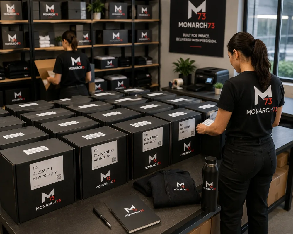 Rows of branded boxes individually addressed to employees in different cities, being labeled for dispatch