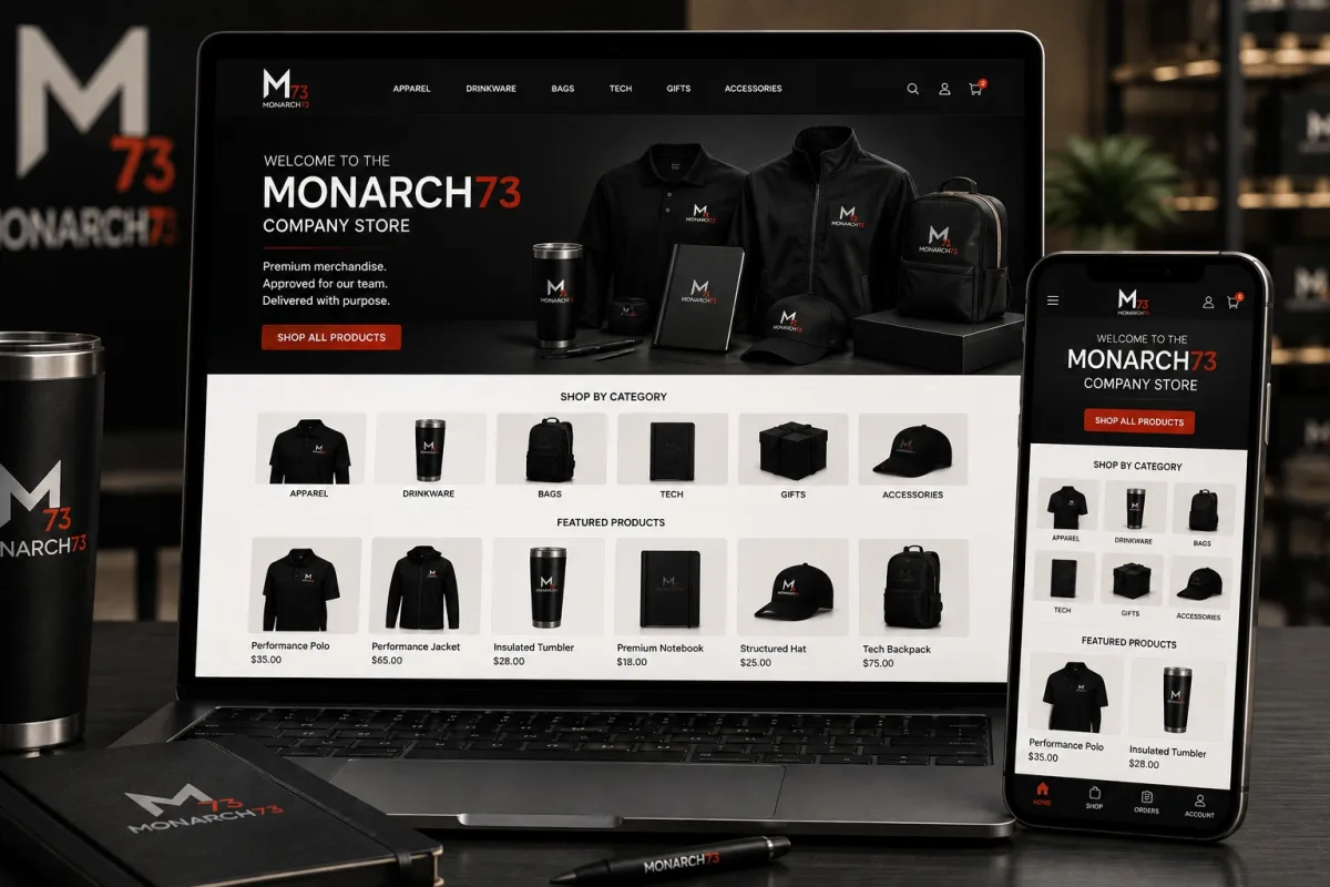 A branded company store on a laptop and a phone, showing categories and featured products with prices