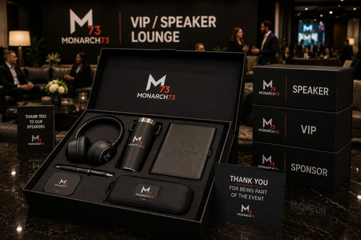 An open premium gift box in a VIP and speaker lounge holding headphones, tumbler, leather notebook, pen, wireless charger and a tech organizer, beside sealed boxes marked speaker, VIP and sponsor