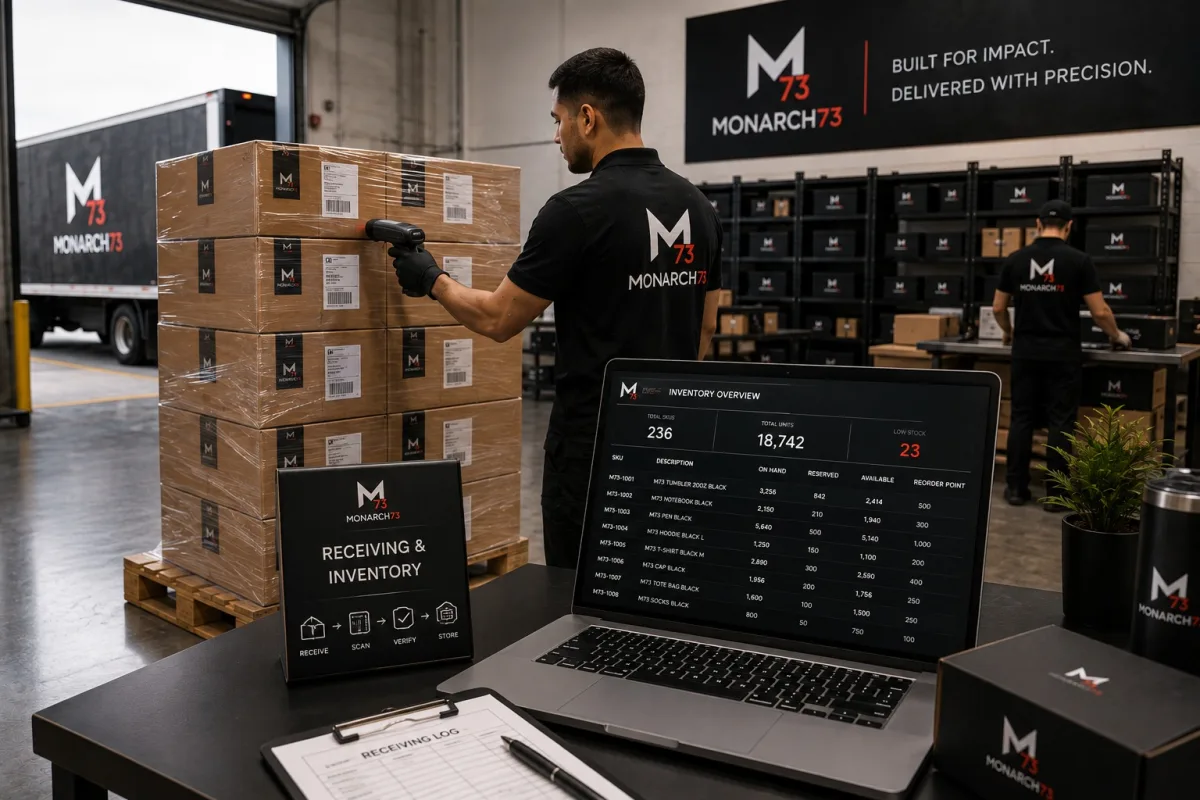 A palletised delivery being scanned in at the dock beside a receiving log and an inventory overview showing units on hand against reorder points