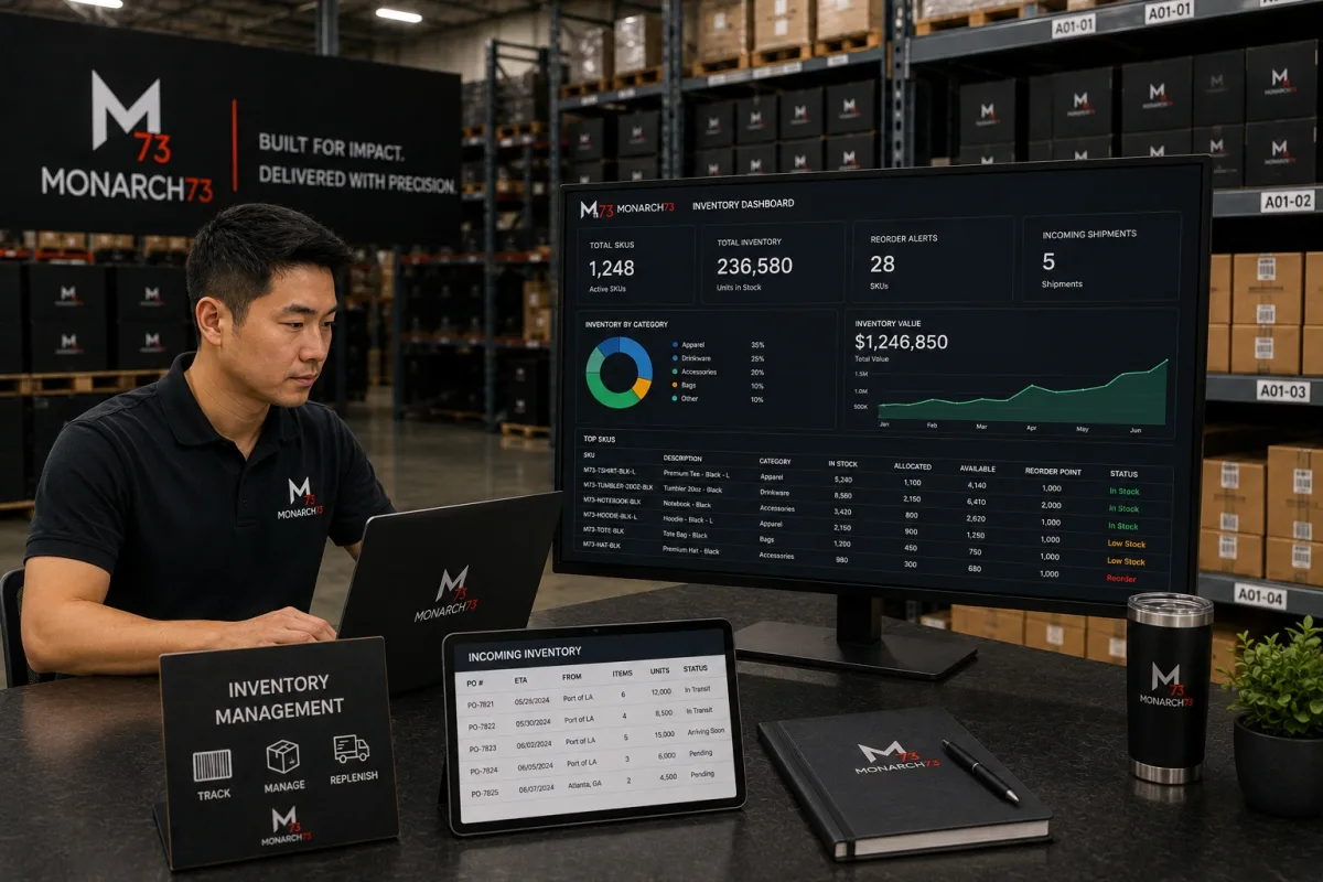 An inventory dashboard showing stock by SKU, reorder alerts and incoming shipments, on a desk in front of racked and labeled stock