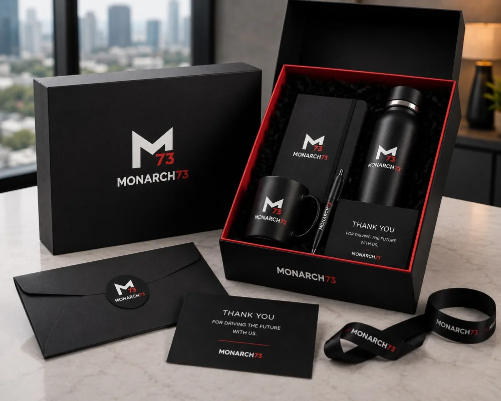 A branded gift box with a fitted insert, a thank-you card, an envelope, ribbon and a sticker seal