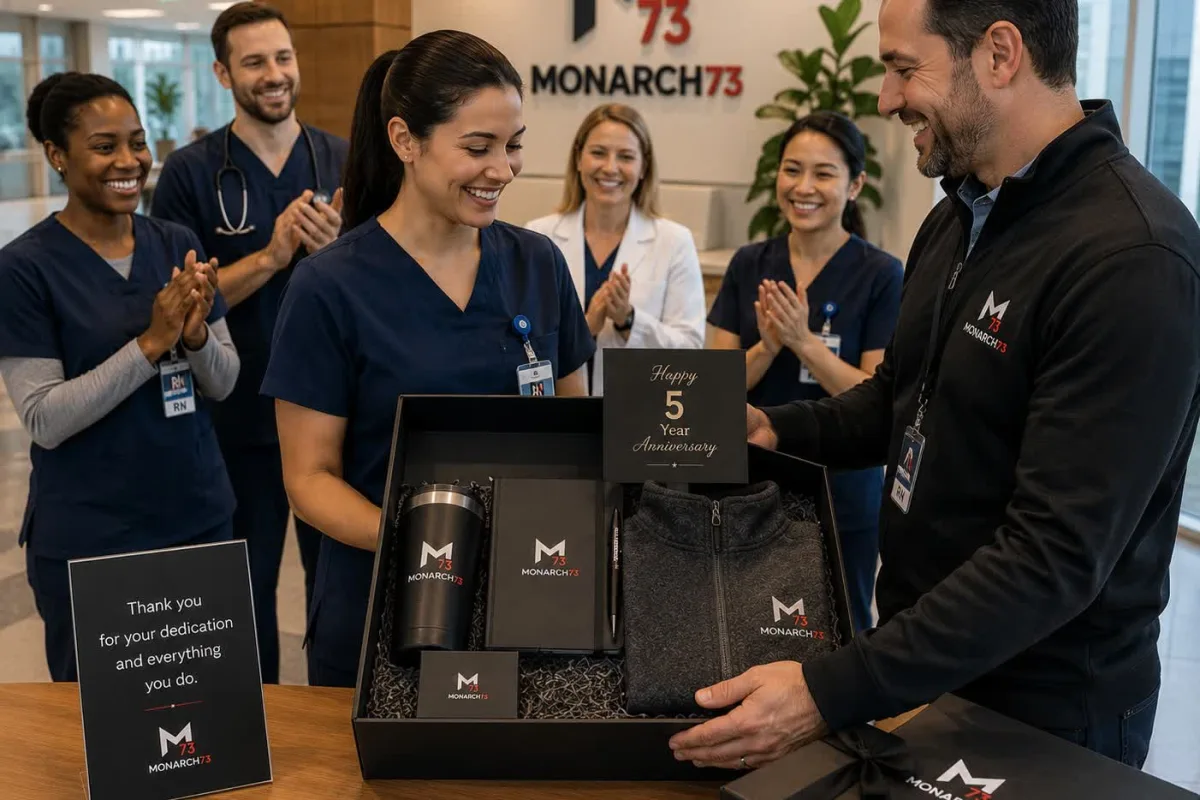 A nurse receiving a five-year anniversary gift box from a manager while colleagues applaud