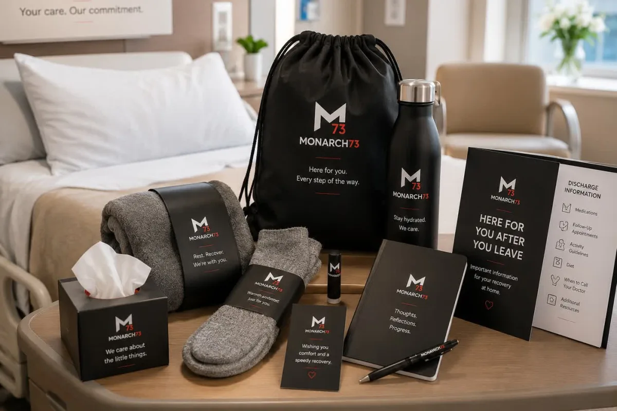 A patient comfort kit on a hospital room tray table — drawstring bag, water bottle, blanket, socks, tissues, journal and a discharge information folder