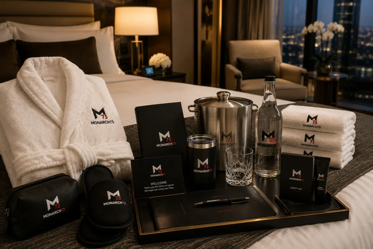 In-room amenities on a suite bed — embroidered robe, slippers, towels, vanity kit, ice bucket, water bottle, stationery folder and tumbler on a tray