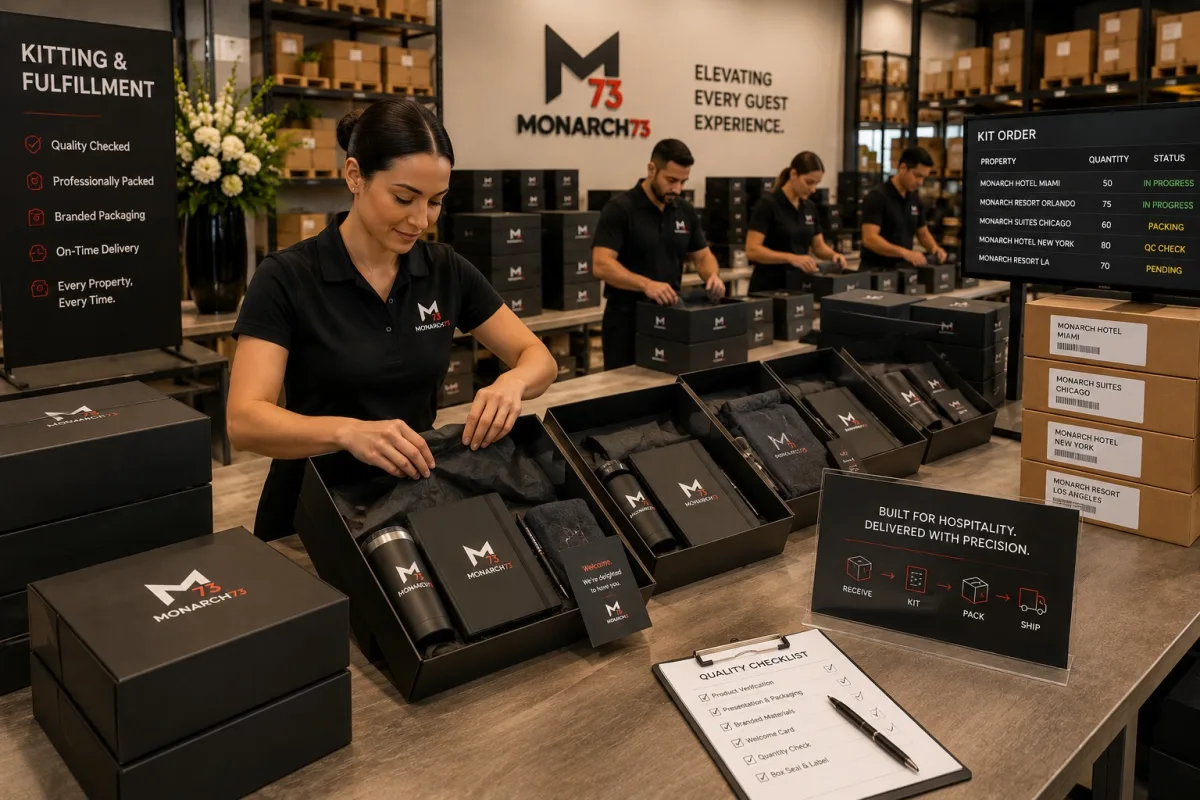 A packing bench assembling identical hotel kits, with a quality checklist, cartons labeled per property and a board tracking kit orders by hotel