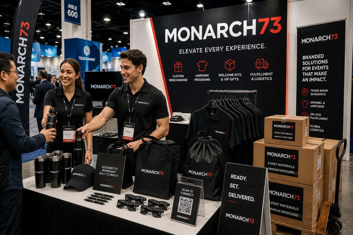A trade show booth with branded staff apparel on a rack, giveaways on the counter and event cartons stacked on a hand truck