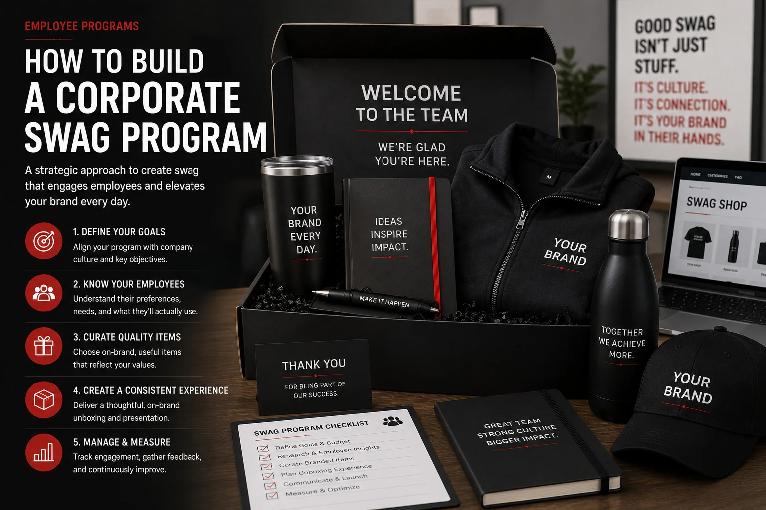 An open employee welcome box holding a quarter-zip, tumbler, notebook and pen, beside a bottle, cap and a swag program checklist, with a company store open on a laptop