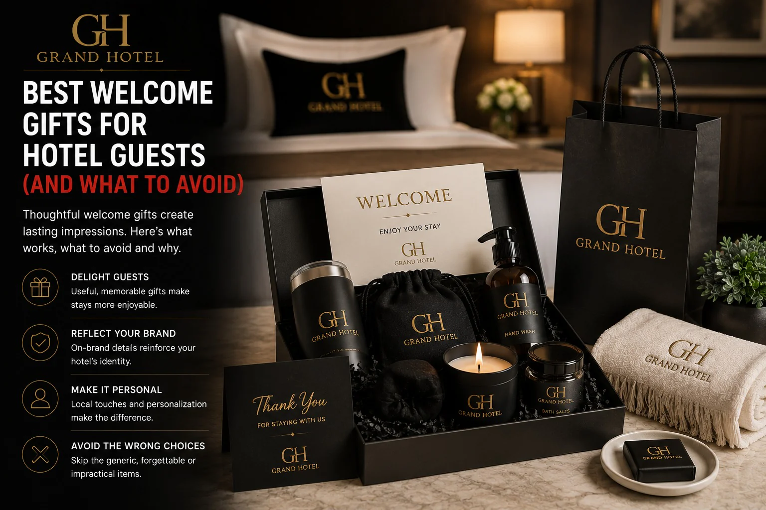 An open hotel welcome box on a bedside surface — branded tumbler, hand wash, candle, bath salts, drawstring pouch and a welcome card — beside a monogrammed towel and gift bag