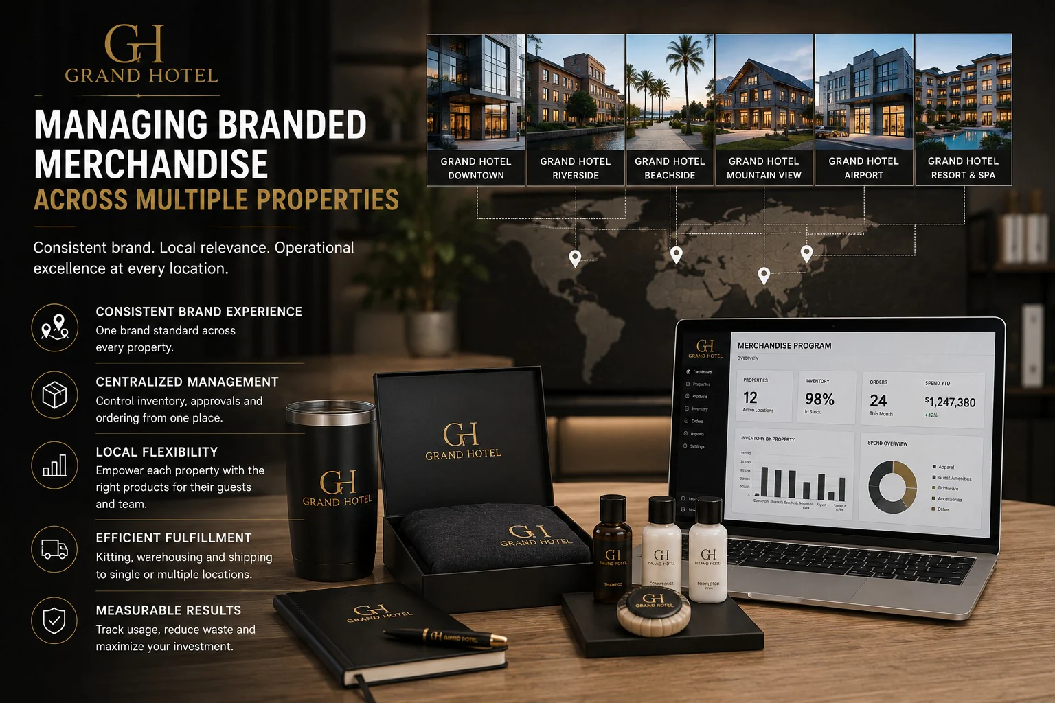 Six hotel properties shown above a map, with a merchandise program dashboard tracking inventory, orders and spend beside branded amenities and a gift box