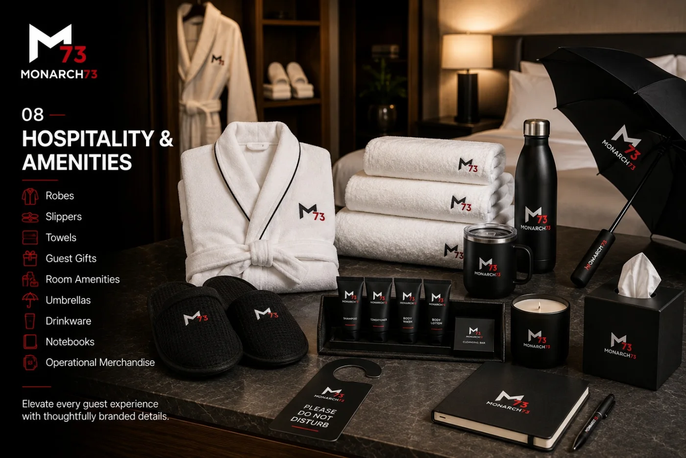 Hospitality amenities — robe, slippers, towels, guest gifts, room amenities and a branded door hanger