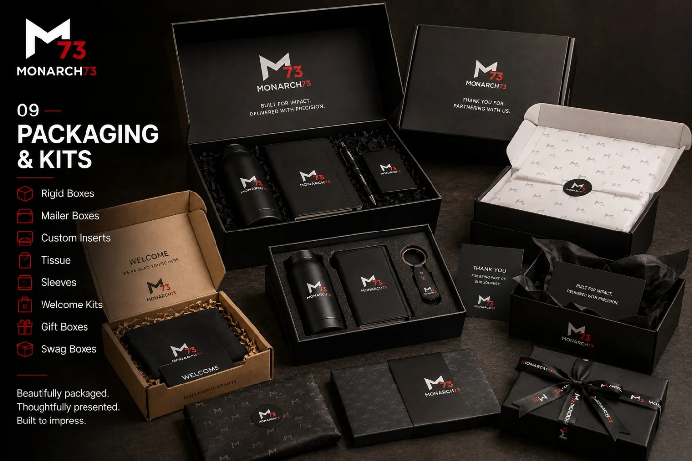 Branded packaging — rigid boxes, mailers, custom inserts, tissue, sleeves and gift boxes
