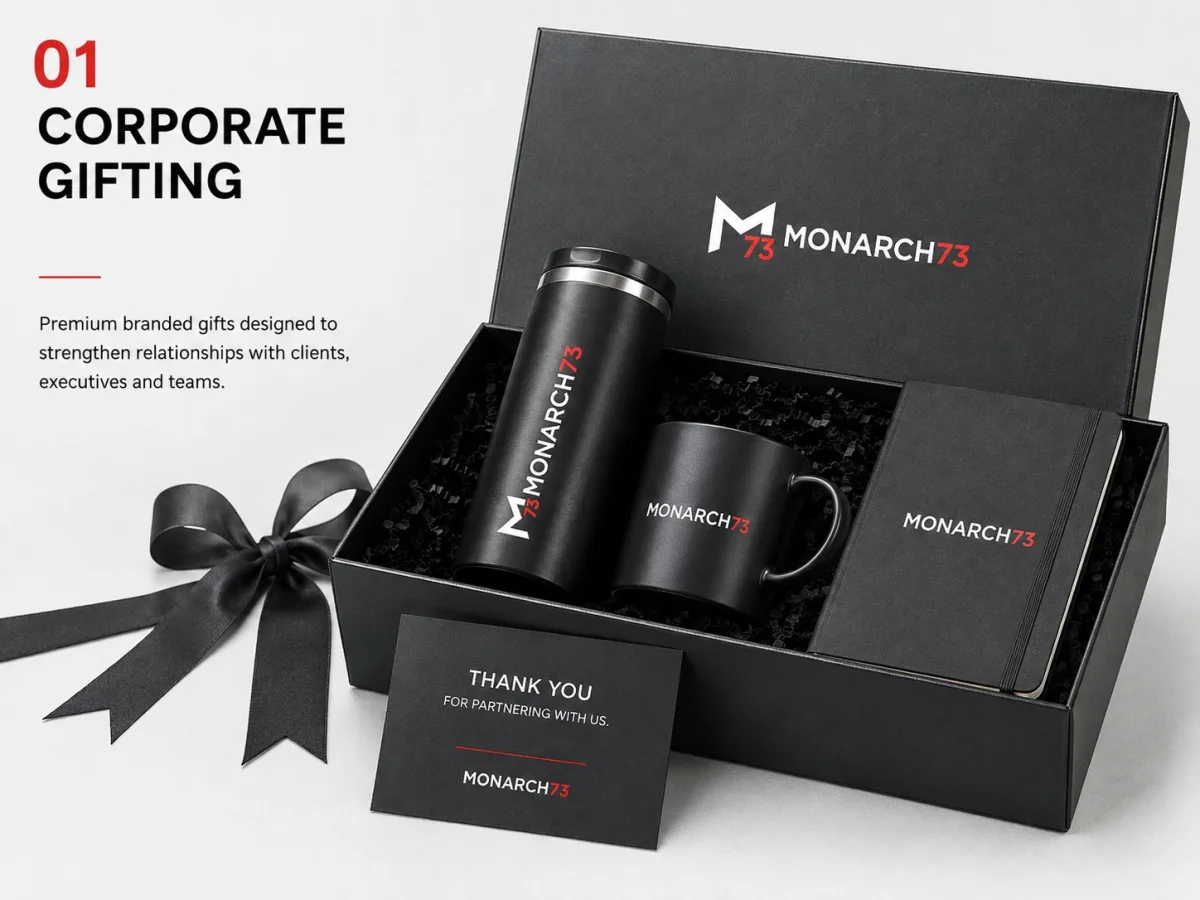 An open branded gift box holding a tumbler, mug and notebook, with a ribbon and a thank-you card