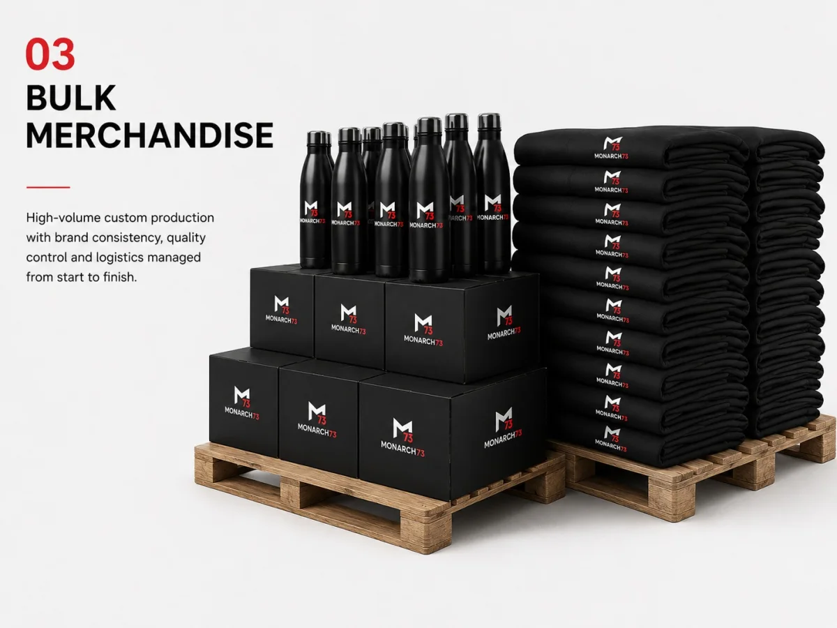 Branded bottles, boxes and folded apparel stacked on pallets
