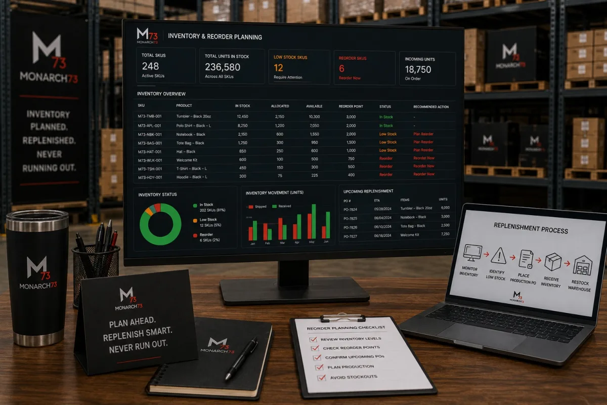 A reorder planning screen listing each SKU against its reorder point, flagged in stock, low stock or reorder, with the replenishment purchase orders already scheduled