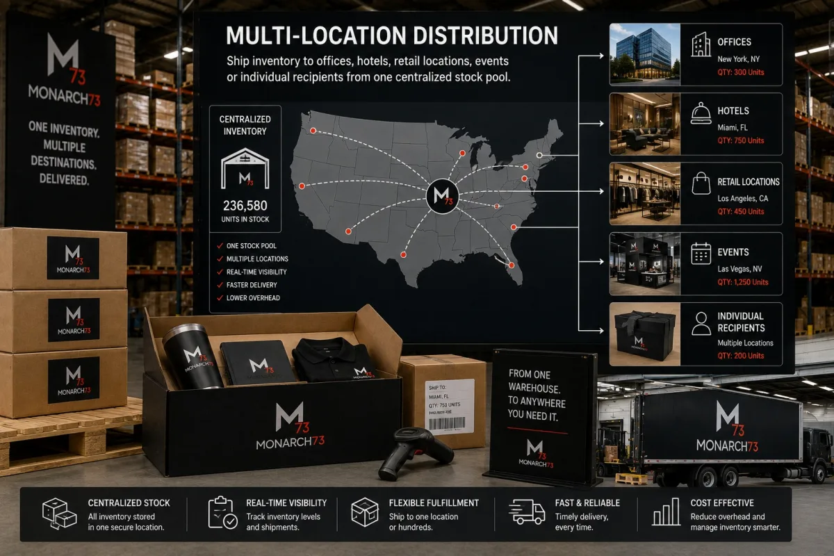 One stock pool routed out to offices, hotels, retail locations, events and individual recipients, each with its own quantity, against a map of the destinations
